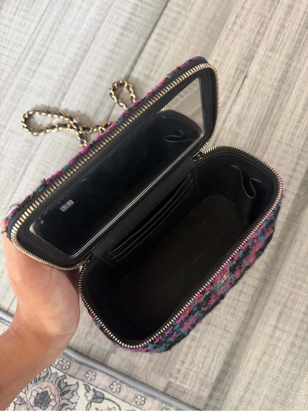 CHANEL Black, Pink & Teal Tweed Vanity Crossbody Bag